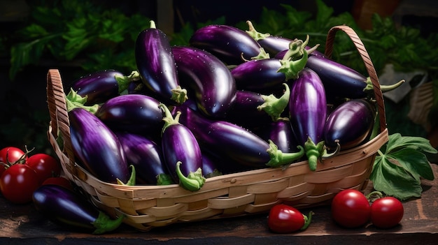 Aubergines ou brindilles dans un panier en bois