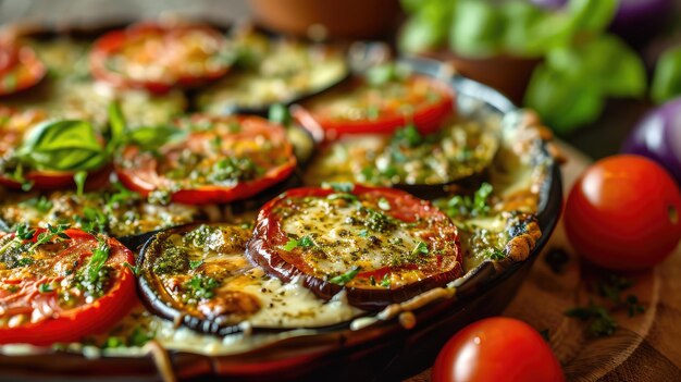 Aubergines cuites au four avec tomates au fromage et sauce verte Parmigiana italienne avec aubergines grillées