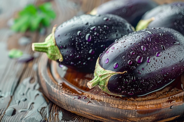 Aubergines fraîches avec des gouttelettes d'eau sur surface en bois Aubergines mûres à la lumière naturelle avec