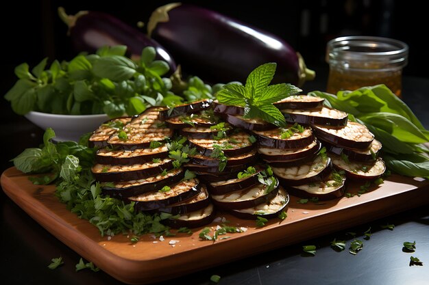 Aubergines grillées sur une planche à découper