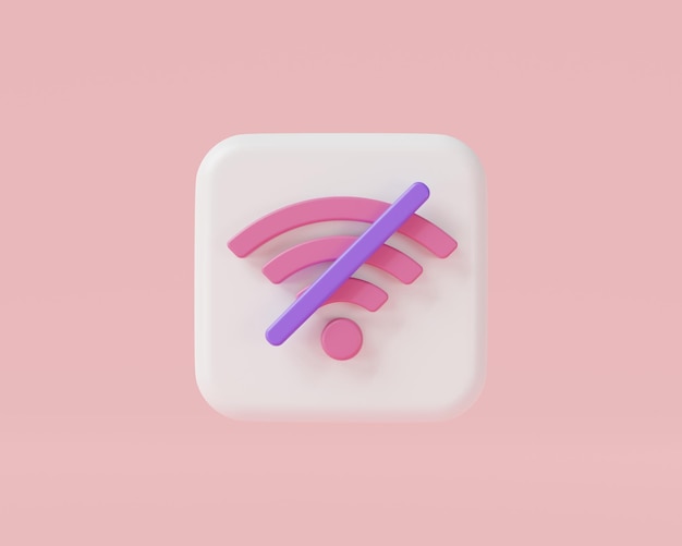 Aucune icône de signal wifi sur fond rose Le réseau Wifi n'est pas disponible Mauvais réseau Erreur Internet Erreur sans fil problème wifi pas de signal Internet Illustration de rendu 3d style minimal de dessin animé