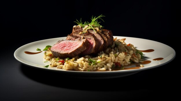 Audacieuse et belle, une superbe assiette de steak et de riz