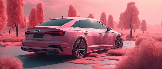 Une audi rose avec le mot audi sur le côté.