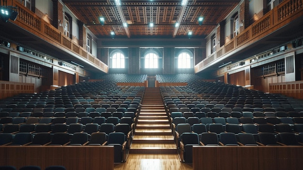 L'auditorium de l'université est spacieux, l'intérieur est rempli de sièges vides.