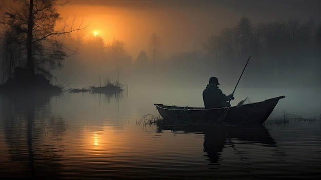 Une aura mystérieuse enveloppe un pêcheur solitaire alors qu'il attend calmement au bord d'un lac voilé par le brouillard, une scène qui incarne l'essence énigmatique de la nature Générée par l'IA