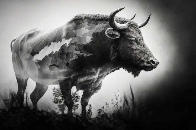 Aurochs dans un portrait noir et blanc discret Effet de double exposition