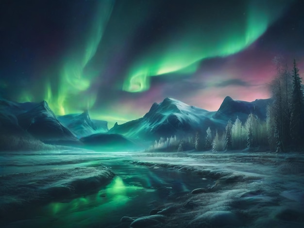 Aurora borealis au-dessus de la forêt glaciale Lumières nordiques vertes au-dessus des montagnes Terre de la nature nocturne