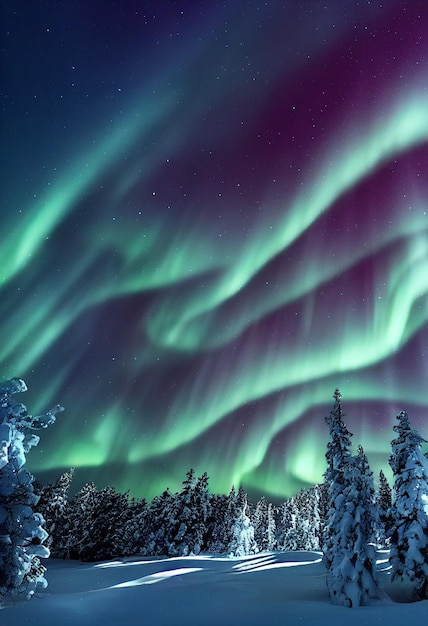 Aurora Borealis Northern Lights et belle étoile sur fond de ciel nocturne Illustration 2D réaliste
