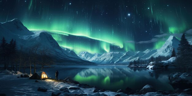 Aurora borealis la nuit avec un homme campant sur la neige