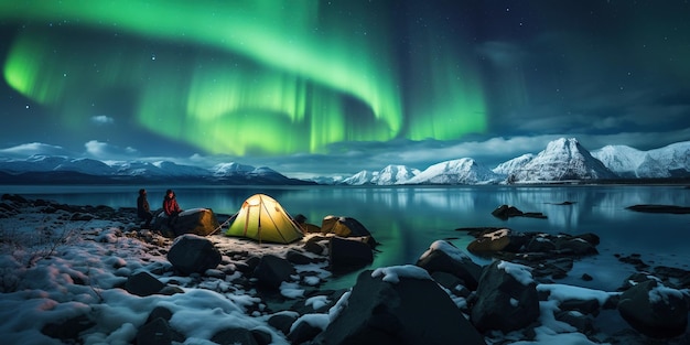 Aurora borealis la nuit avec un homme campant sur la neige