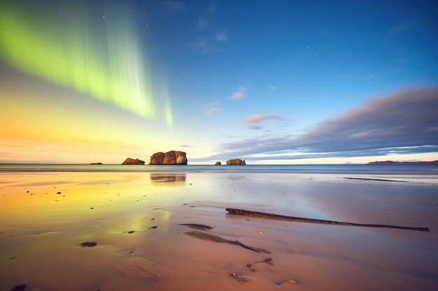 L'aurore australe scintille sur une plage déserte.