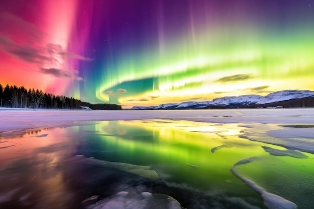 Aurore aux couleurs vives dansant sur un lac gelé