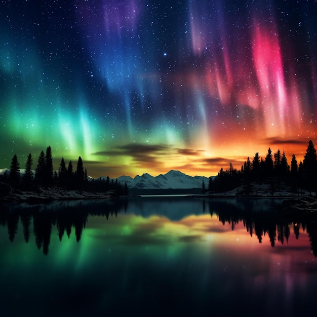 une aurore aux couleurs vives s'illumine sur un lac et des montagnes