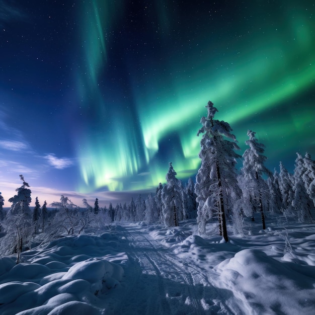 L'aurore boréale au-dessus d'un paysage couvert de neige