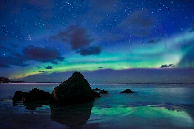 Photo aurore boréale, aurores boréales, îles lofoten, norvège