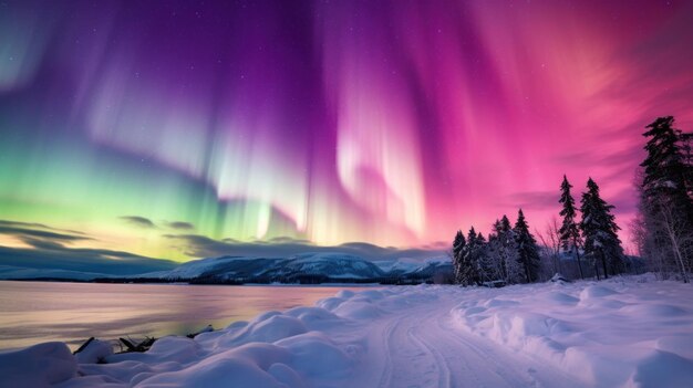 Une aurore boréale colorée éclaire le ciel sur un paysage enneigé.