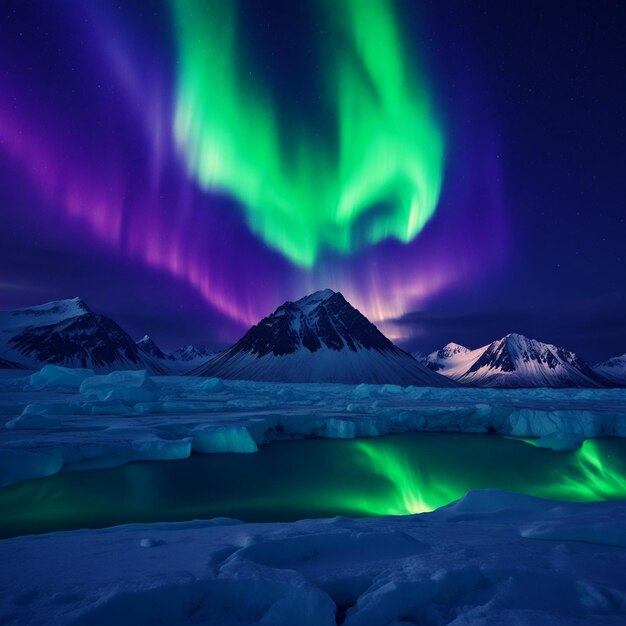 Photo l'aurore boréale est verte et violette.