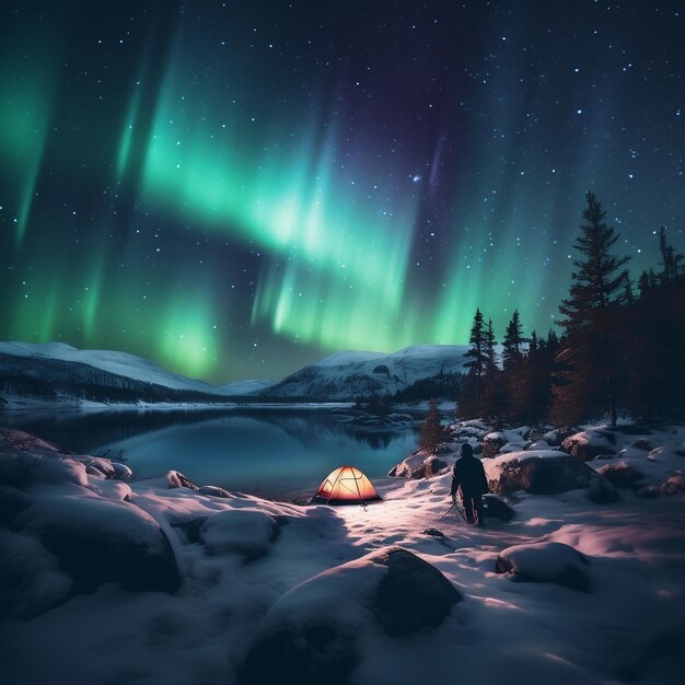 L'aurore boréale nocturne enchanteuse avec l'IA générative du camping sur neige