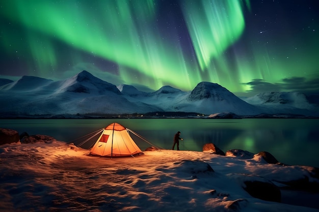 Aurore boréale et tente de camping