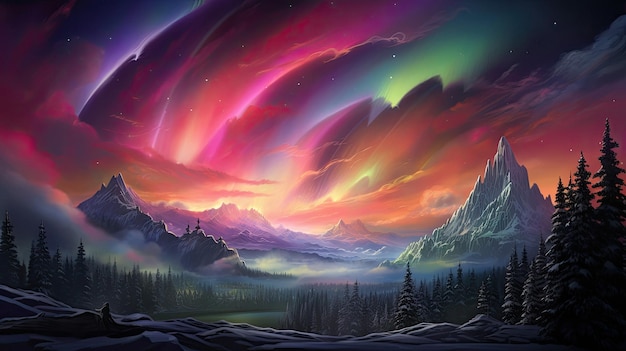 une aurore colorée au-dessus d'une chaîne de montagnes enneigée.