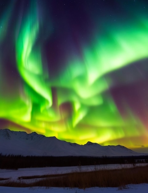 Une aurore surréaliste de verts et de jaunes brillants illuminant le ciel nocturne