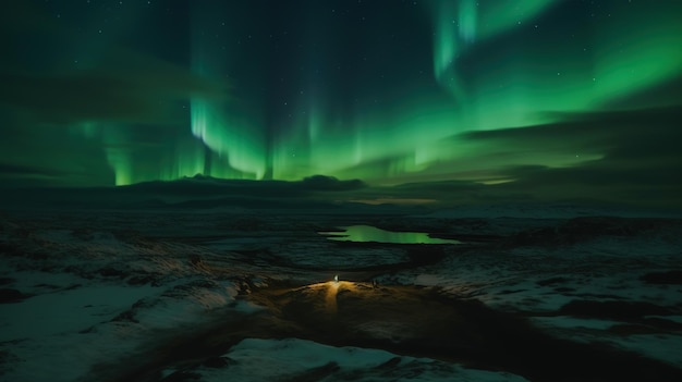 Photo une aurore verte au-dessus d'un lac avec les lumières vertes au-dessus.