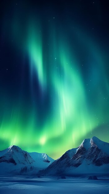 Une aurore verte et bleue au-dessus d'une chaîne de montagnes enneigées