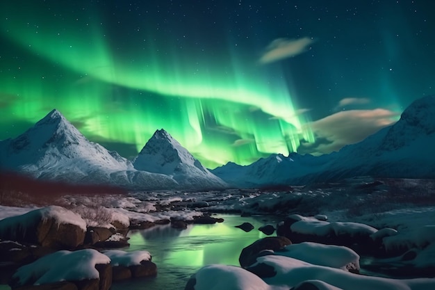 Une aurore verte sur une montagne enneigée