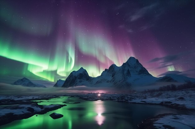 Une aurore verte sur une montagne enneigée