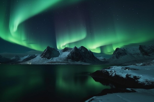 Une aurore verte sur une montagne et des montagnes