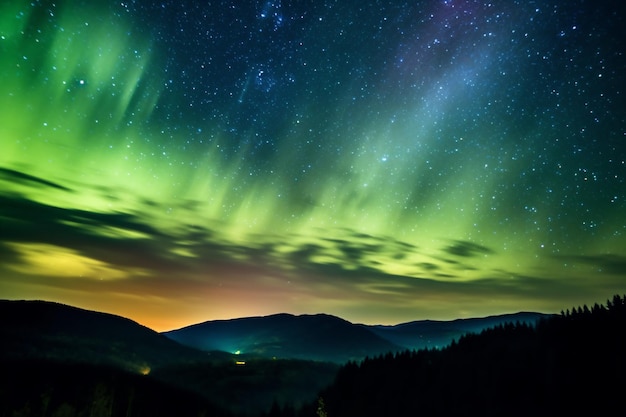 Une aurore verte sur un paysage de montagne