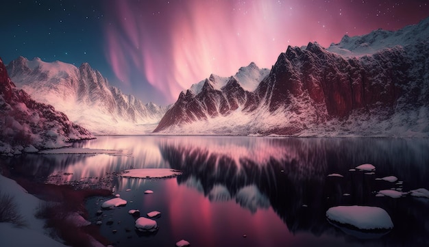 Aurore violette dans une montagne de neige blanche AI générative