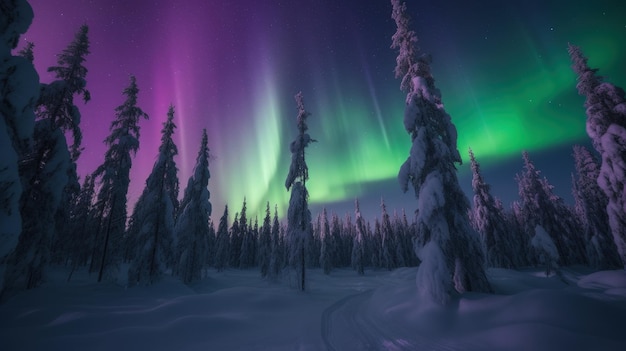 Photo une aurore violette et verte brillait sur une forêt couverte de neige.