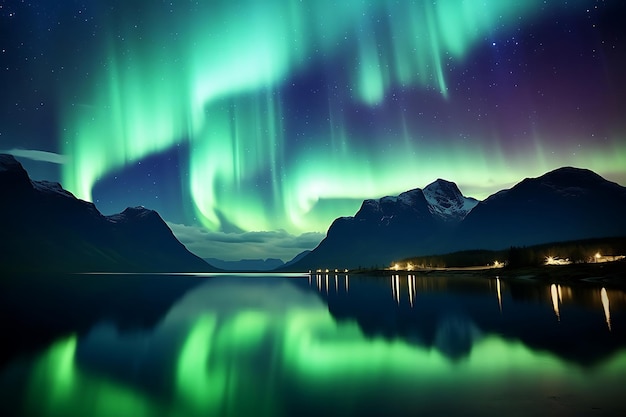 Les aurores boréales au-dessus d'une chaîne de montagnes norvégiennes
