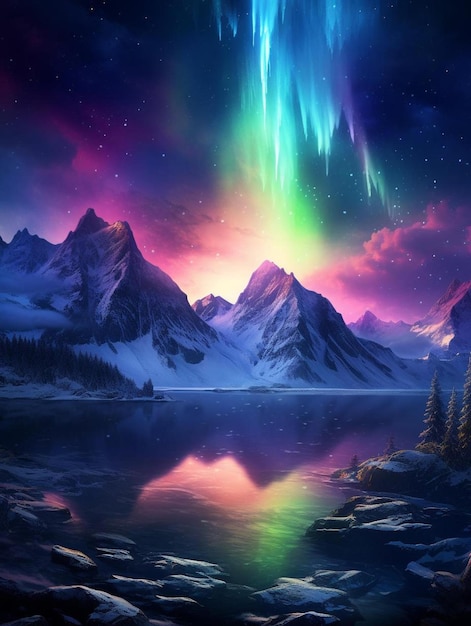 Les aurores boréales au-dessus d'un lac de montagne enneigé.