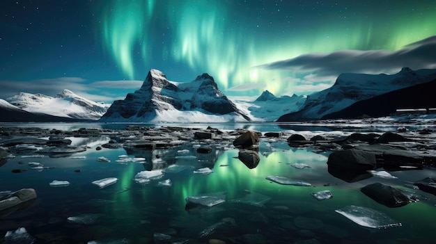 Les aurores boréales dans l'océan Arctique Lumière verte dans le ciel
