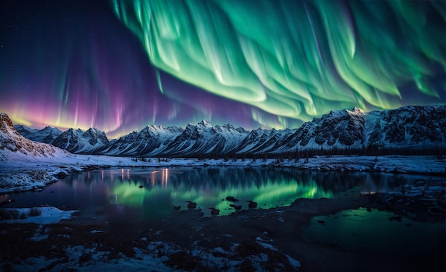 Les aurores boréales avec des étoiles dans le ciel nocturne dans les montagnes enneigées Aurora borealis au-dessus du lac