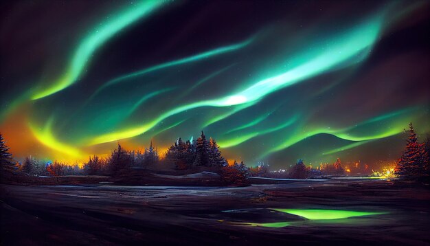 Photo aurores boréales sur la forêt art abstrait illustration