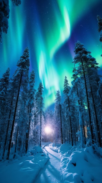 Les aurores boréales hypnotisantes éclairent un paysage forestier hivernal