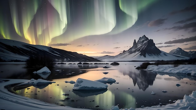 Aurores boréales sur le lac dans les montagnes enneigées d'hiver paysage aurore boréale fond d'écran