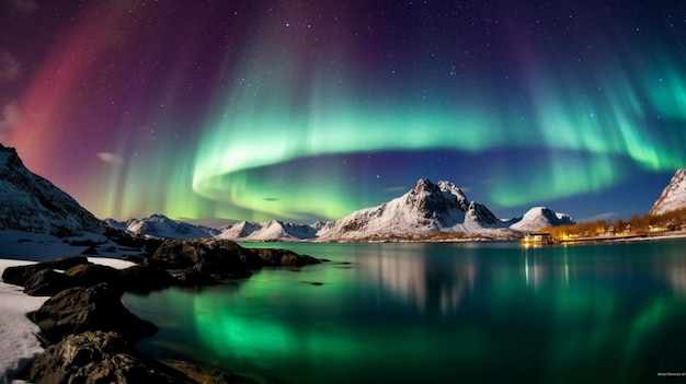 Les aurores boréales sur un lac de montagne