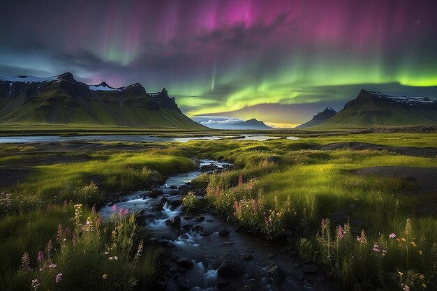 Les aurores boréales sur le paysage marécageux avec des fleurs sauvages à Landmannarlaugar, en Islande