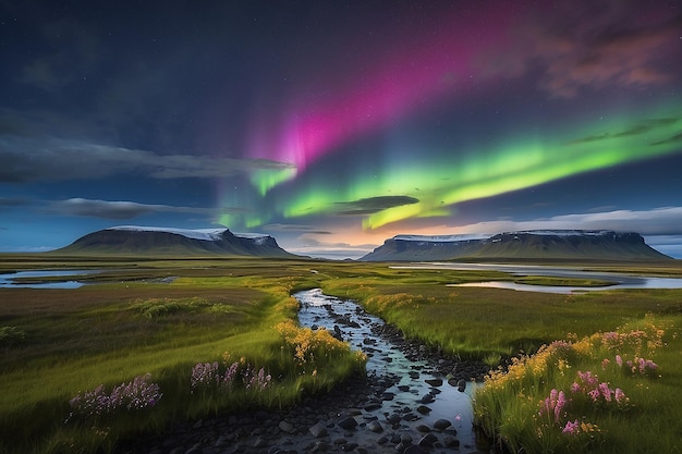 Les aurores boréales sur le paysage marécageux avec des fleurs sauvages à Landmannarlaugar, en Islande