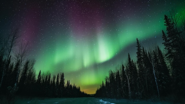 Aurores boréales vertes dans les arbres des forêts de la lumière du nord et le paysage du ciel ai générative