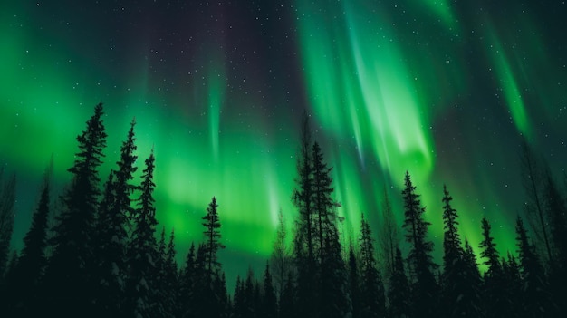 Aurores boréales vertes dans les arbres des forêts de la lumière du nord et le paysage du ciel ai générative