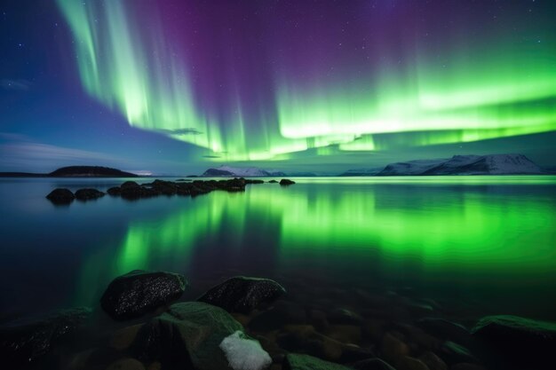 Photo les aurores boréales vertes et violettes au-dessus d'une mer couverte de glace