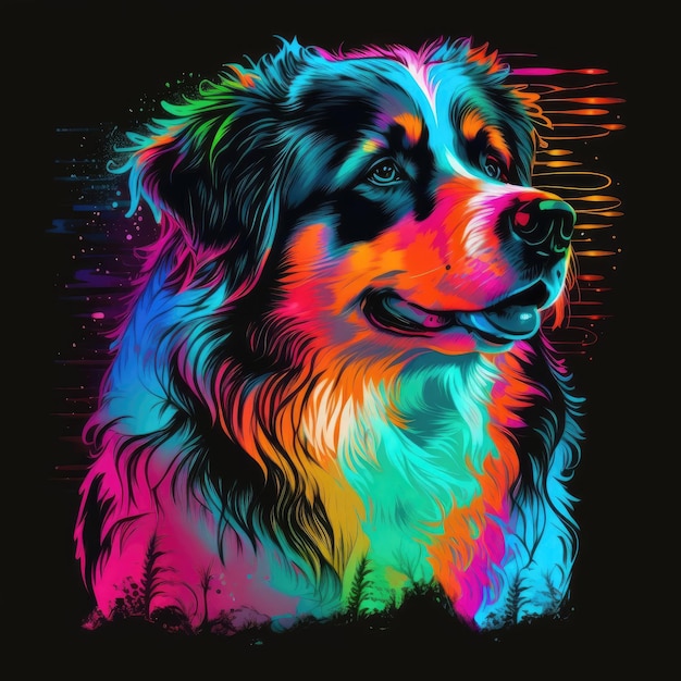 Australian Shepard Dog 80s Synthwave TShirt détaillé Art vectoriel avec des couleurs vives AI générative