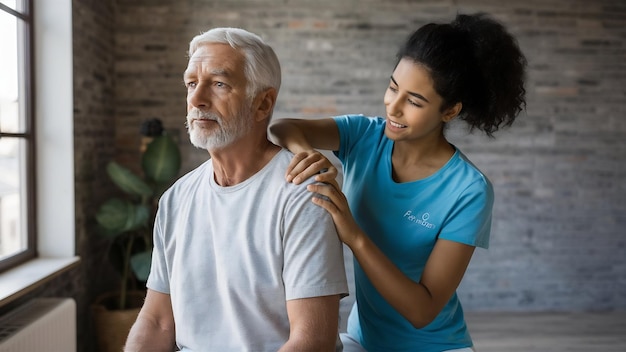 Autant que vous le pouvez, une photo d'une jeune physiothérapeute traitant un patient mâle mature.