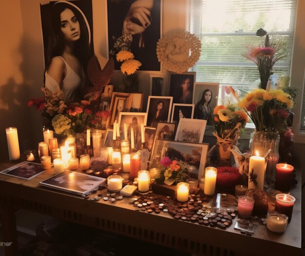 Un autel avec des bougies, des fleurs et des photos d'êtres chers.