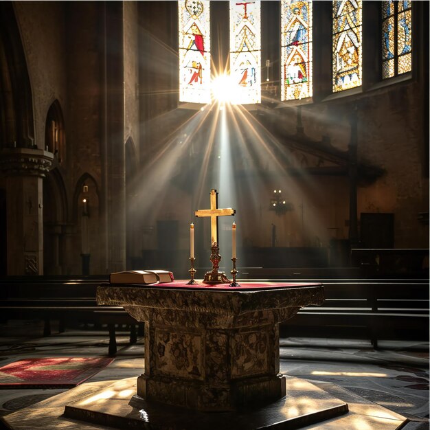 Photo un autel avec une croix et la lumière du soleil de la fenêtre à pâques